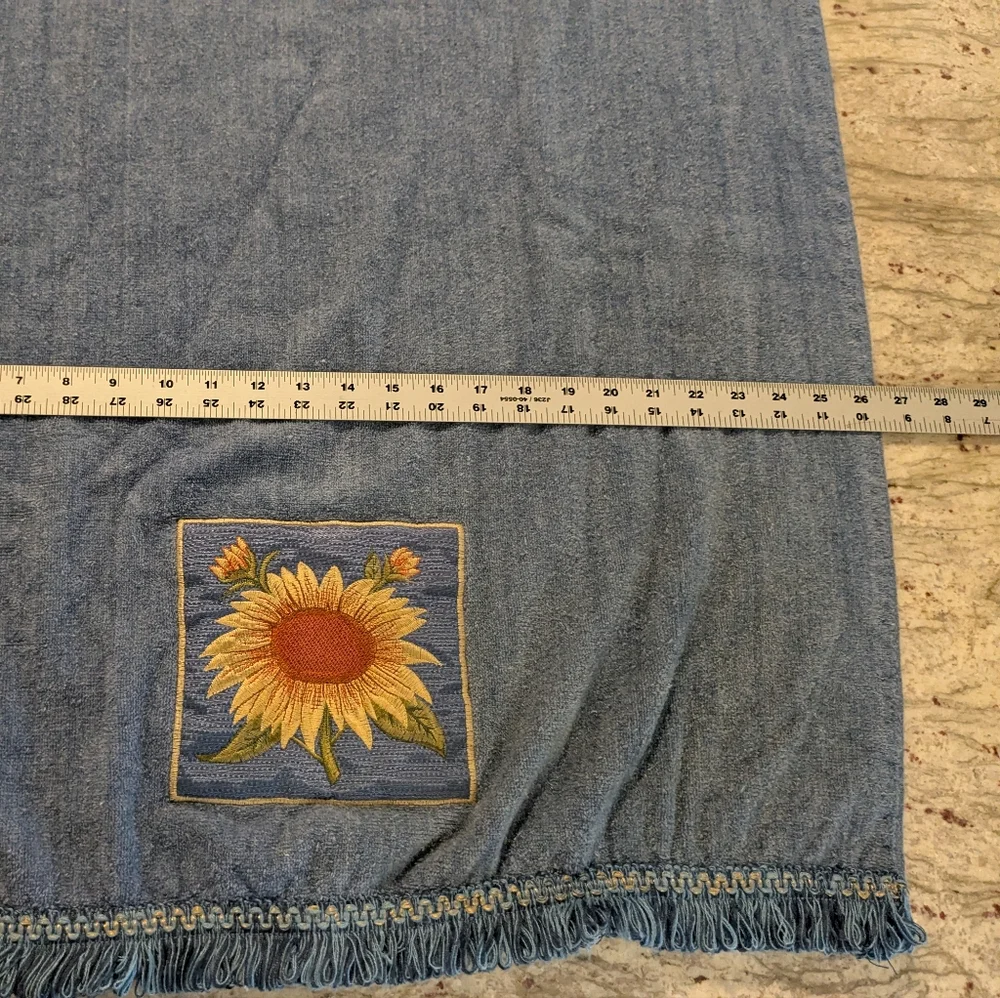 Sunflower Embroidered Vintage Avanti 100% Cotton Towel Set Blue 3 Pieces Fringe